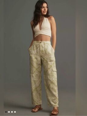 Anthropologie Pilcro Linen Blend Green Printed Wide Leg Cargo Pants